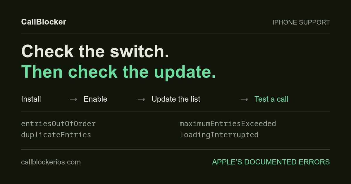 Install, enable, update the list and test a matching number, with examples of Apple's documented update errors.