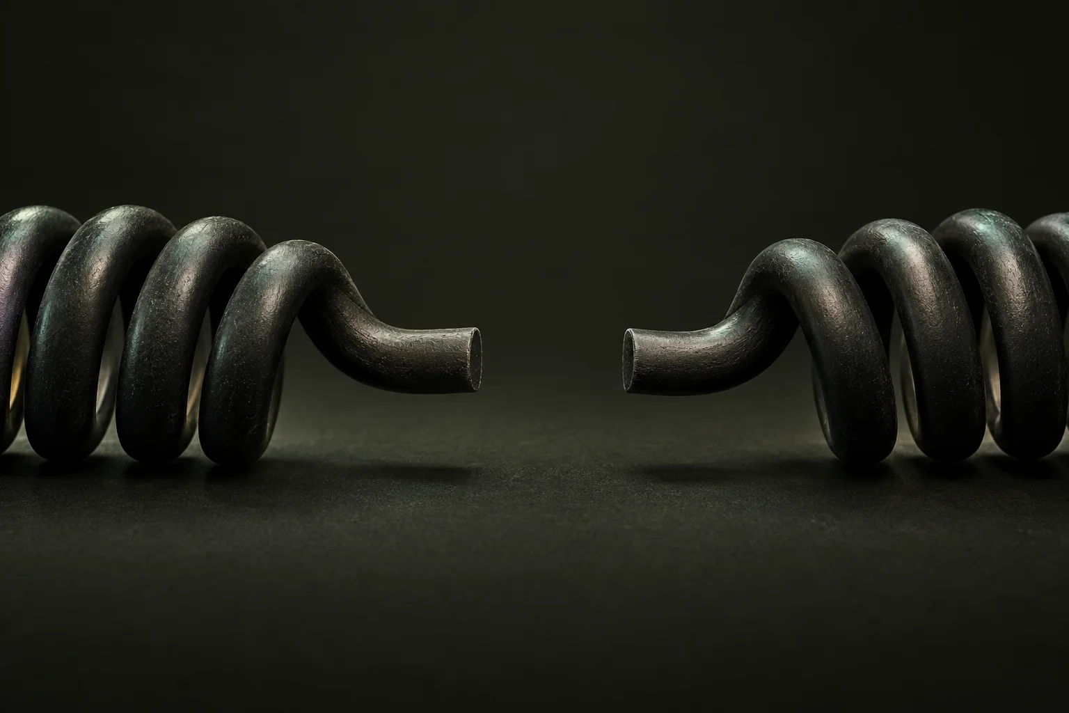 Two sculptural telephone cord ends separated by a clean gap, illustrating an interrupted call.