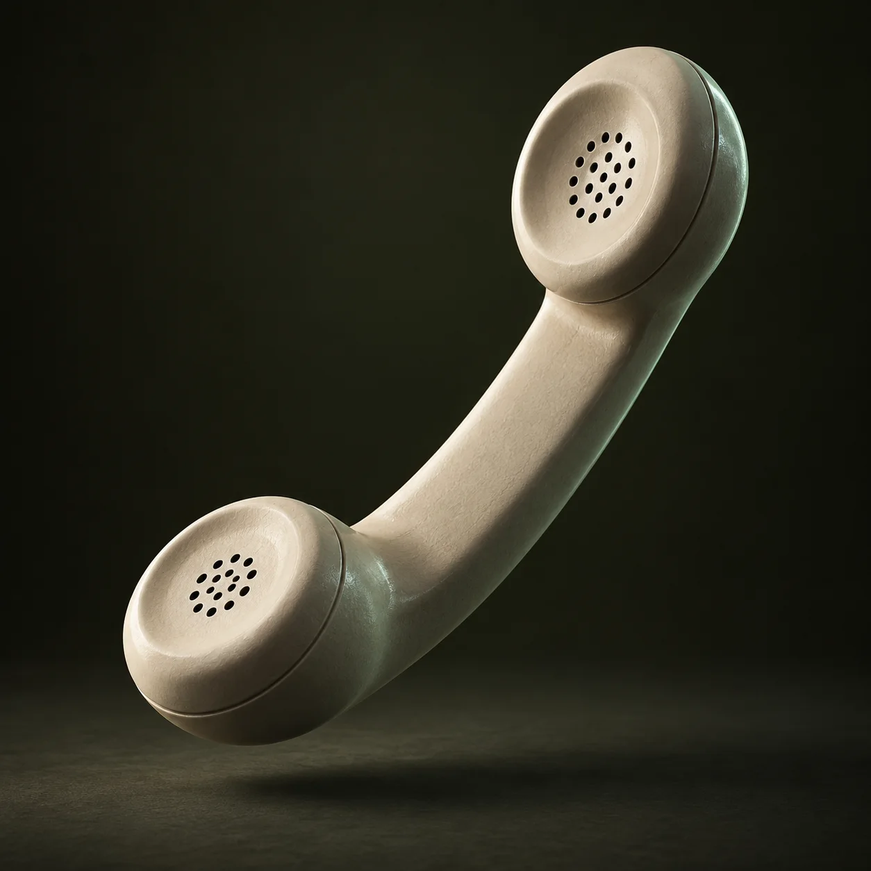A sculptural bone-colored telephone receiver suspended in quiet space.